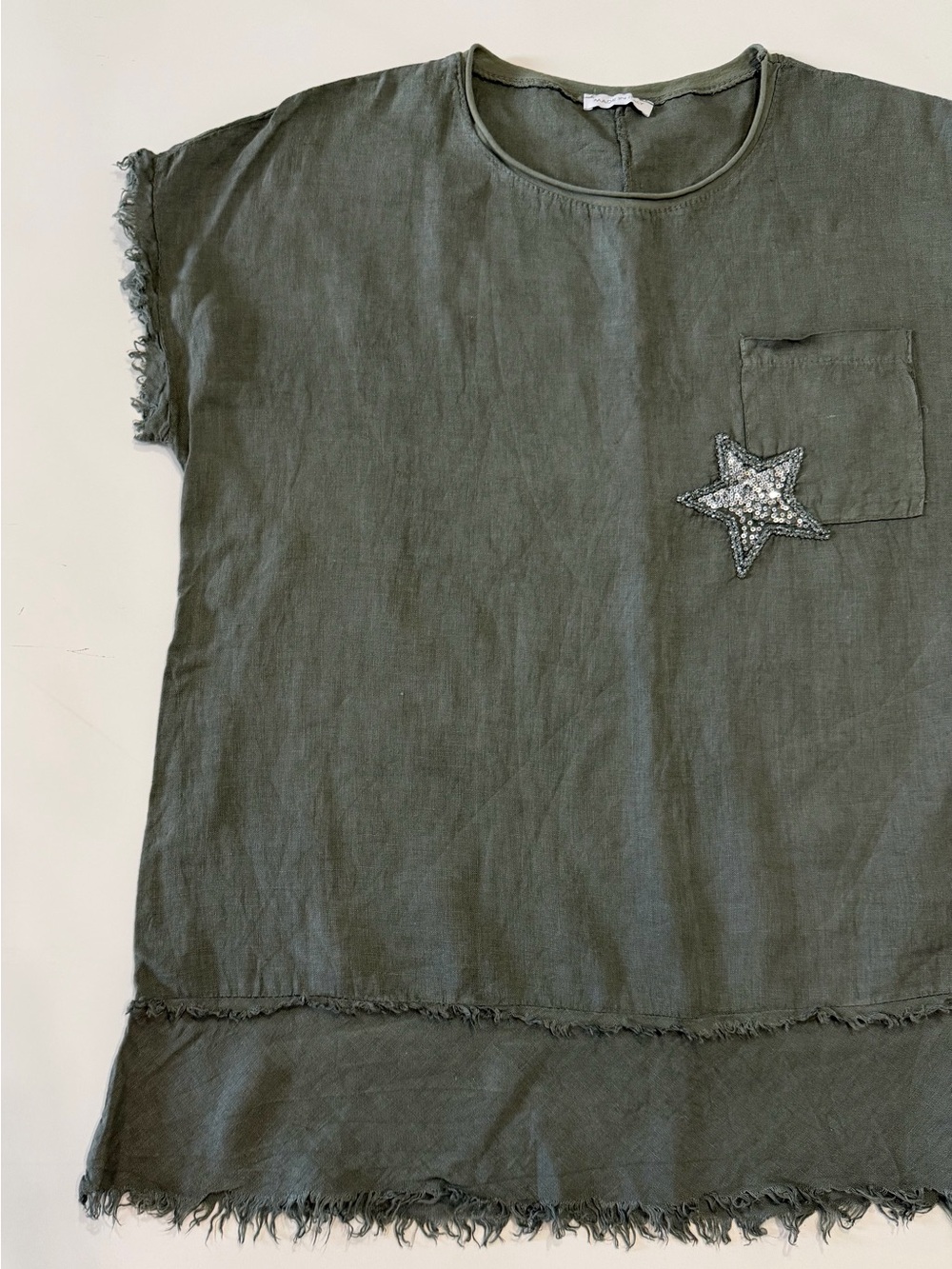 Made In Italy 100% Linen Overside Tunic Star Pocket Olive Green Top One Size - Picture 3 of 7